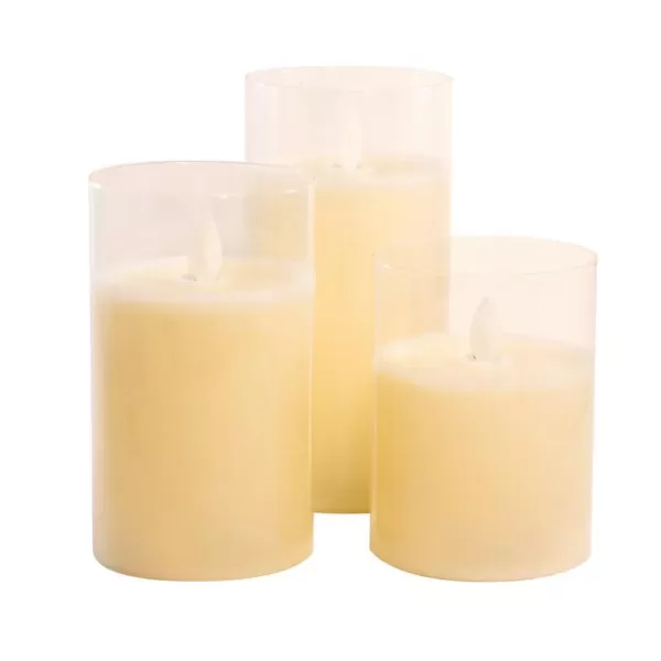 LUMABASE Battery Operated Glass Hurricane Candles with Moving Flame (Set of 3)