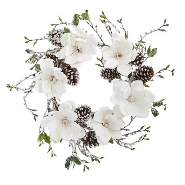 Nearly Natural 24 in. Snowed Magnolia and Pine Cone Wreath