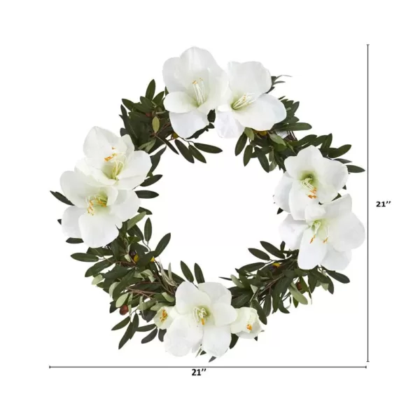 Nearly Natural 21 in. Olive with Amaryllis Artificial Wreath