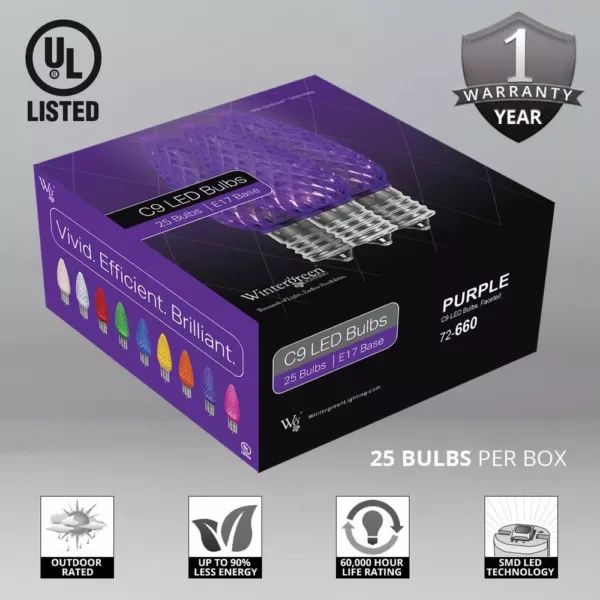 Wintergreen Lighting OptiCore C9 LED Purple Faceted Replacement Light Bulbs (25-Pack)