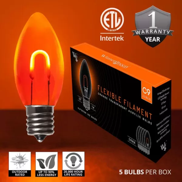 Wintergreen Lighting FlexFilament C9 LED Shatterproof Orange Vintage Edison Christmas Light Bulbs (5-Pack)