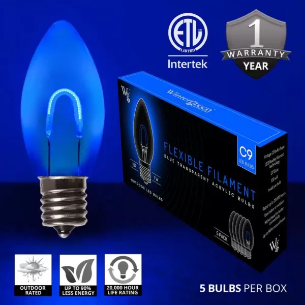 Wintergreen Lighting FlexFilament C9 LED Shatterproof Blue Vintage Edison Christmas Light Bulbs (5-Pack)