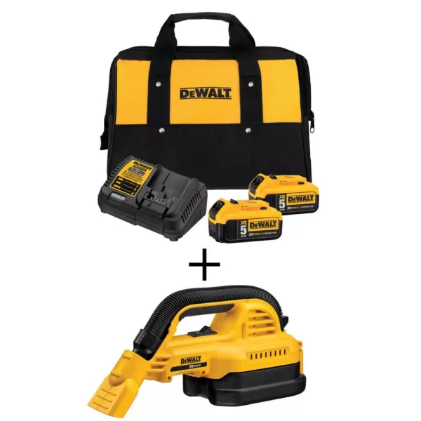 DEWALT 20-Volt 1/2 Gal. MAX Lithium-Ion Wet/Dry Portable Vacuum with Premium Battery Pack 5.0 Ah (2-Pack), Charger and Kit Bag